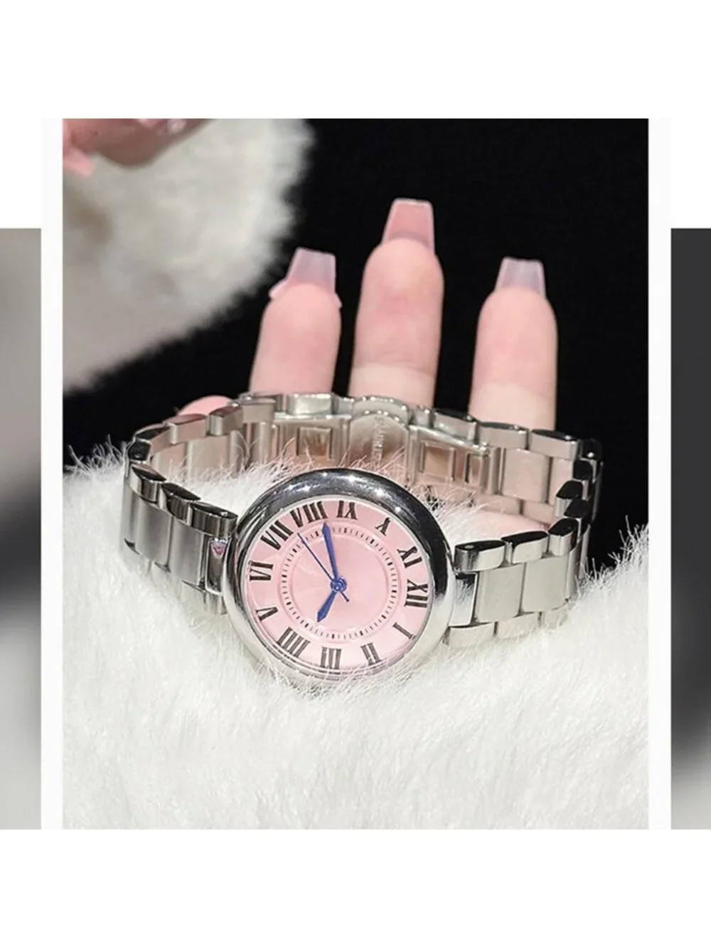 Women's Silver-Pink Classic Vintage Roman Numerals Dial Stainless Steel Watch